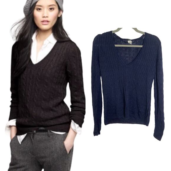J. Crew 100% Linen Cable Knit V Neck Sweater Pullover Lightweight Navy Size M - Picture 1 of 6